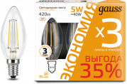 Лампа Gauss Filament Свеча E14 5W 2700К 1/20 (3 лампы в упаковке)